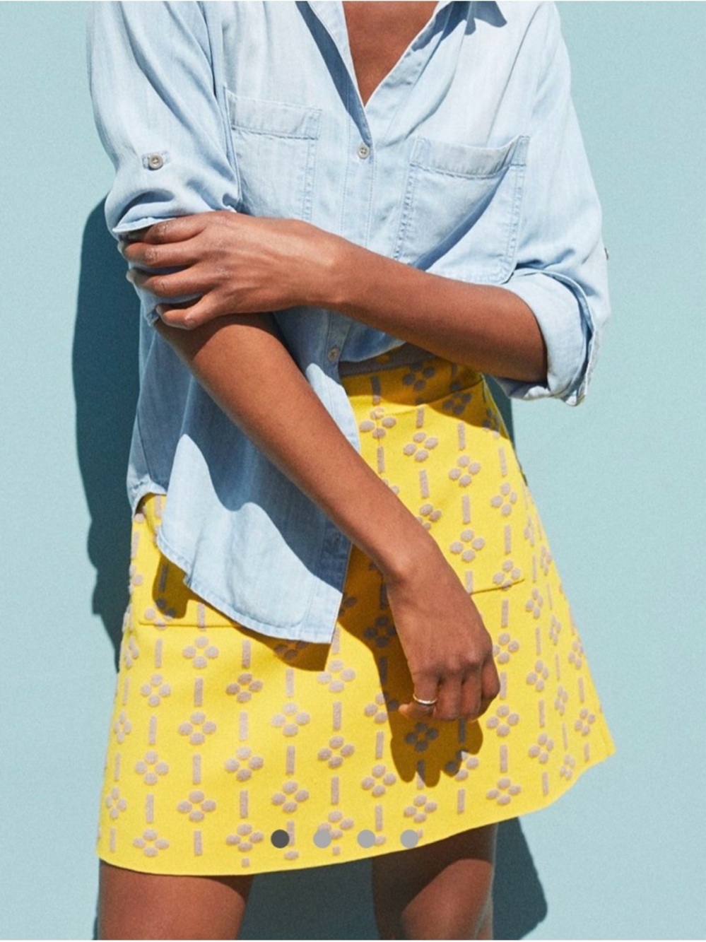 Anthropologie Yellow Mini Skirt with Gray Embroidered Motif
